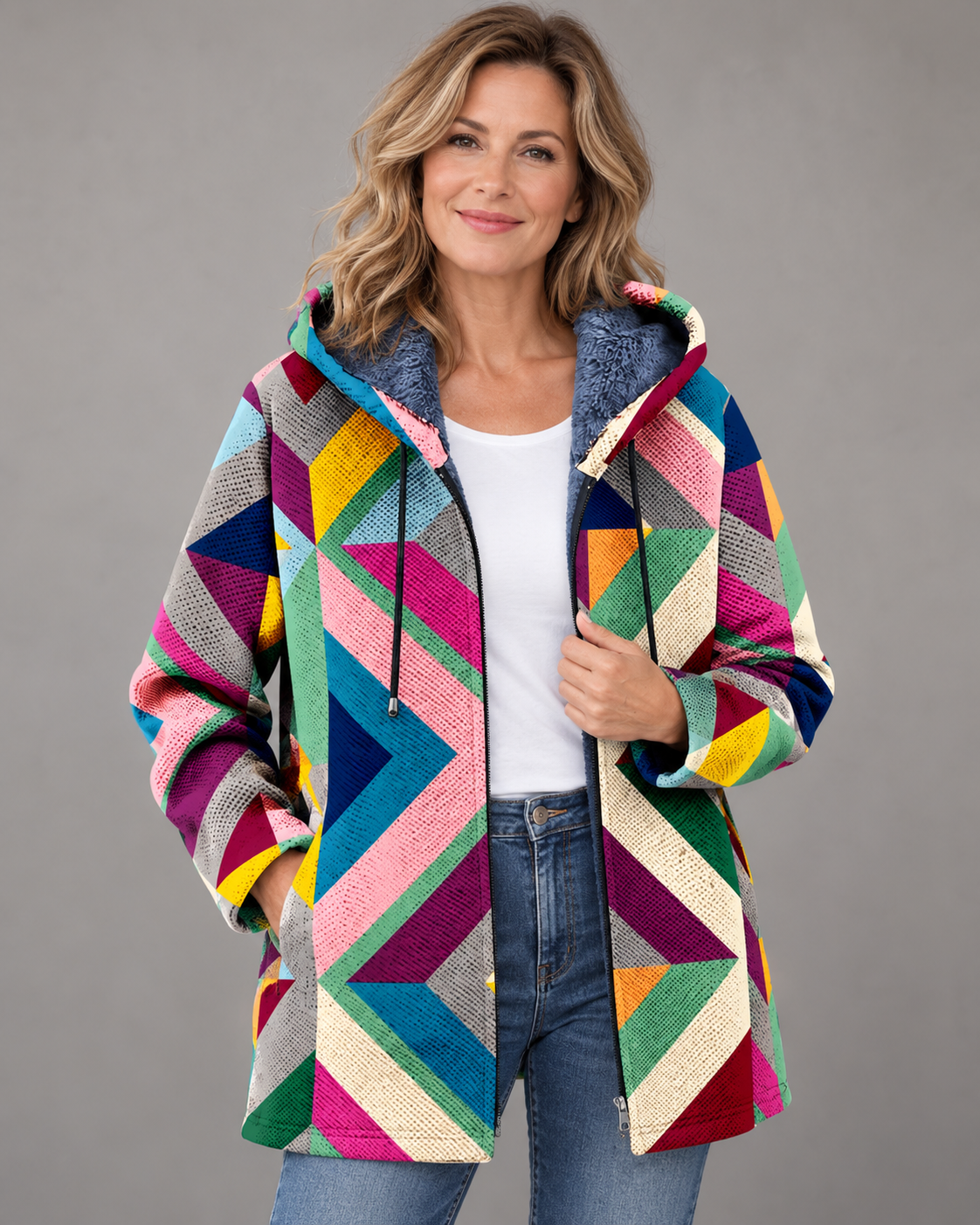 Dames Vest KleurrijkPrint – Capuchon en Geometrisch Design