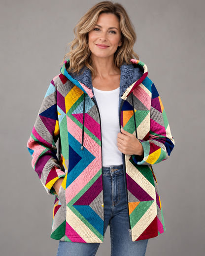 Dames Vest KleurrijkPrint – Capuchon en Geometrisch Design