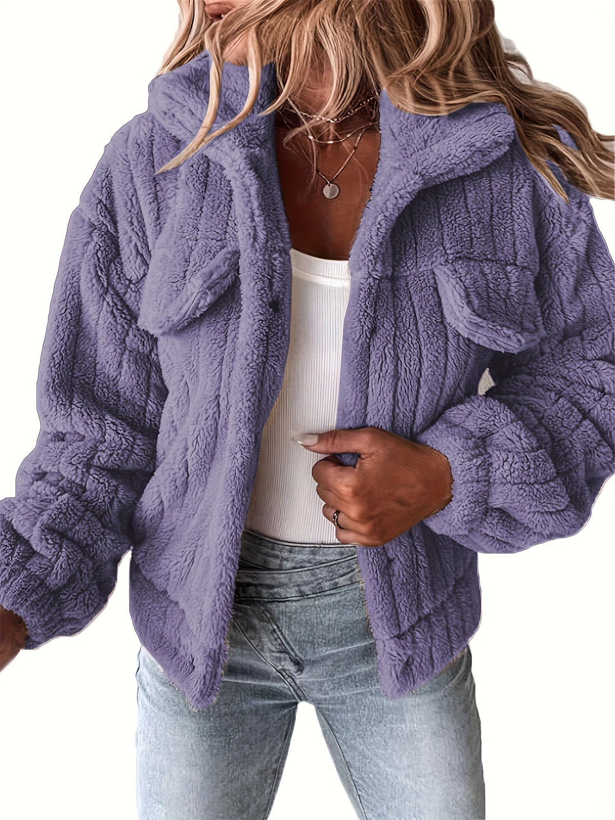 Dames teddyjack met kraag en borstzakken, fluffy warme jas