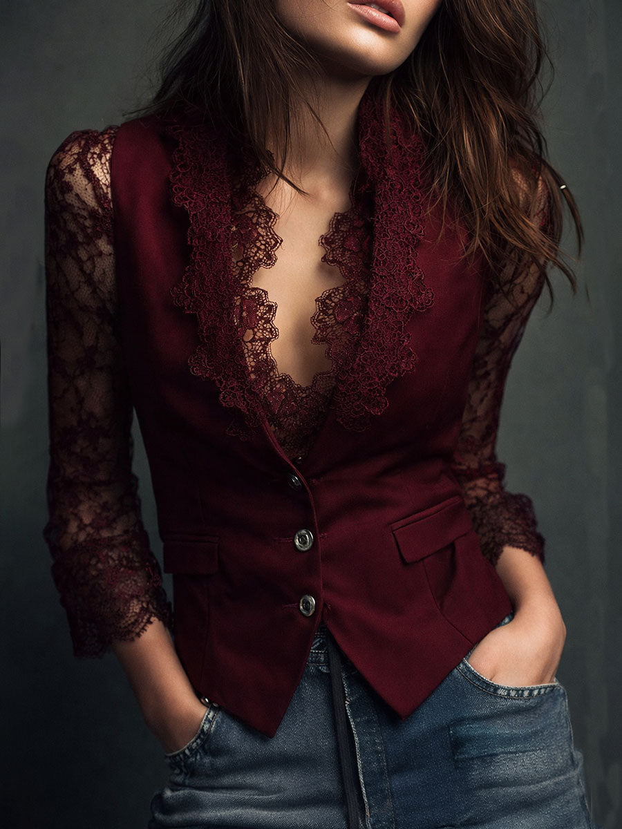 Elise Elegante Damesblazer met Kanten Mouwen – Verfijnde Look