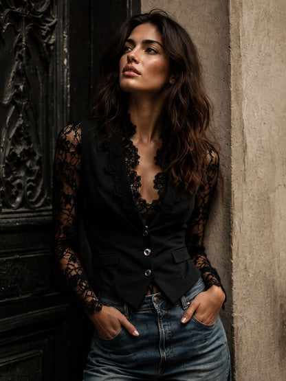 Elise Elegante Damesblazer met Kanten Mouwen – Verfijnde Look