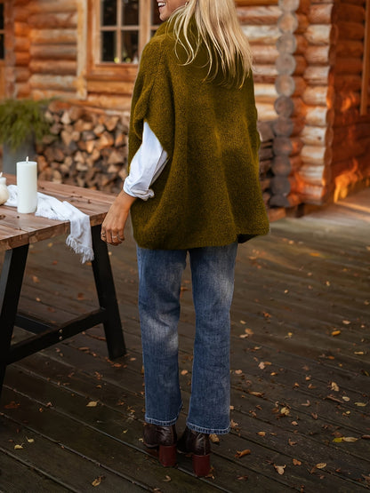 Gebreide poncho-top met polokraag en korte mouwen, losse pasvorm