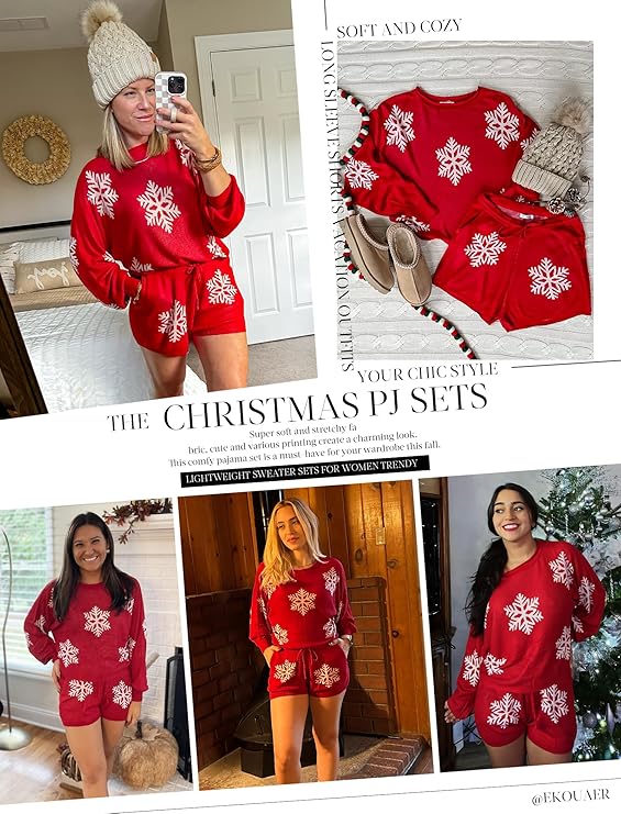 Dames Kerstpyjama – 2-Delige Set met Sneeuwvlokpatroon