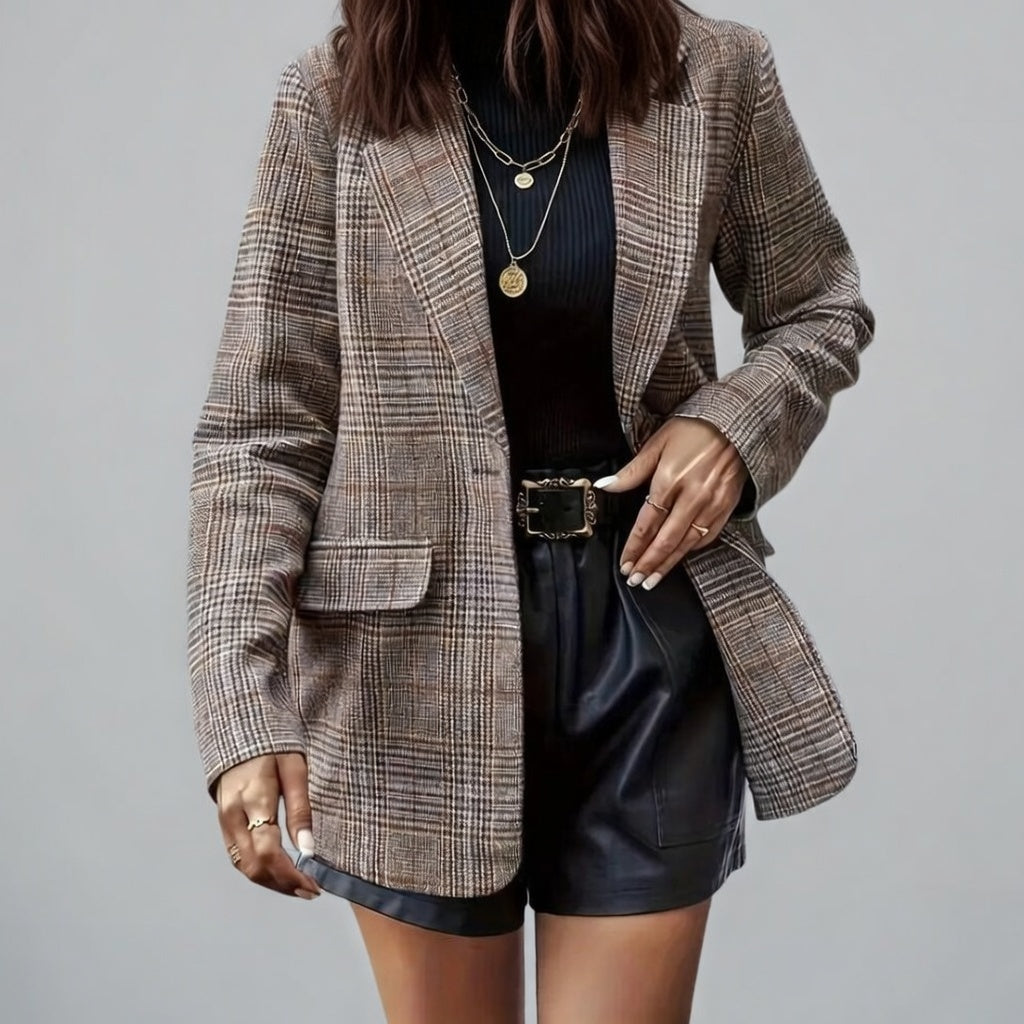 Dames Geruite Blazer – Getailleerde Blazer met Revers en Klepzakken