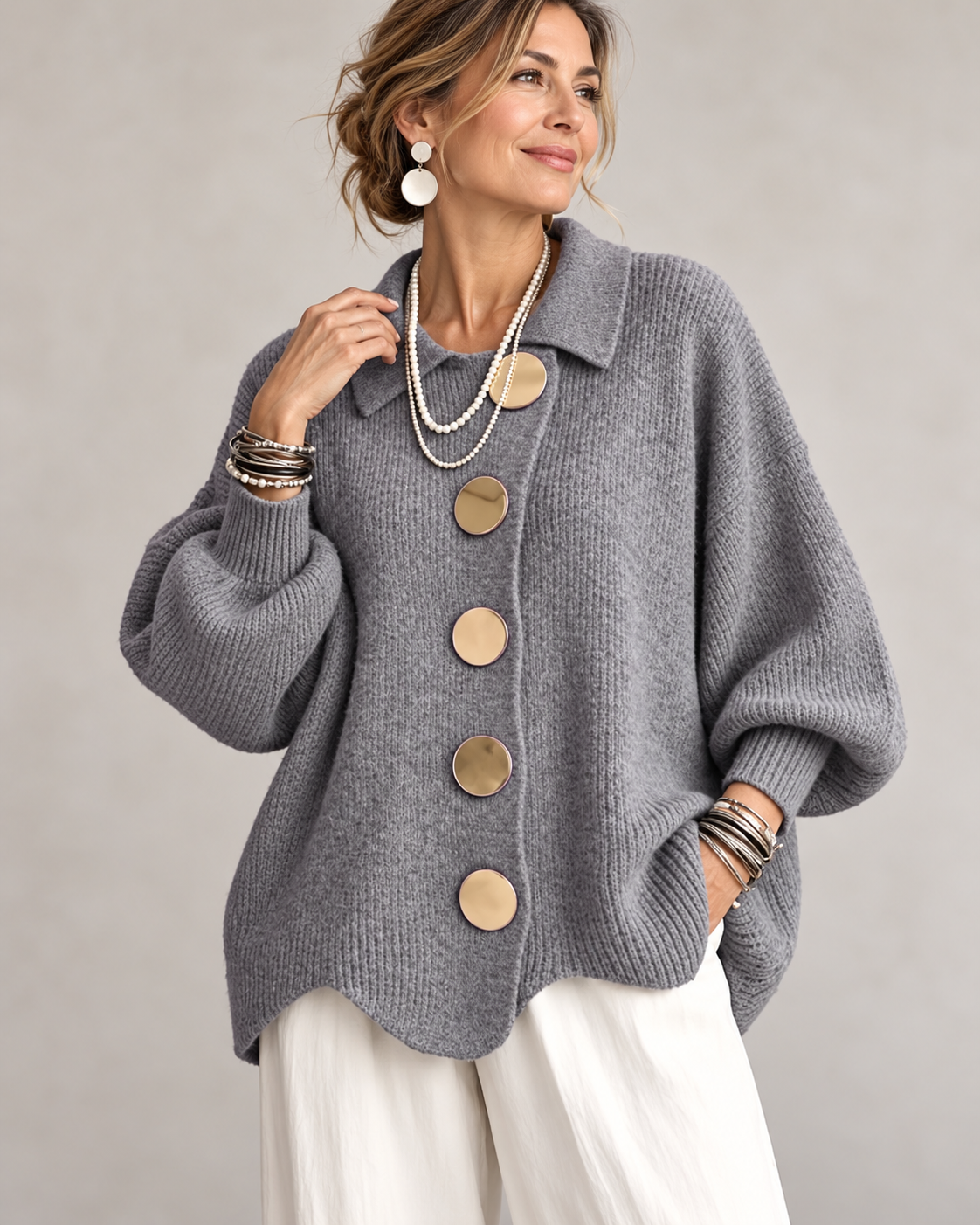 Fleur Oversized Gebreid Damesvest met Kraag en Knopen