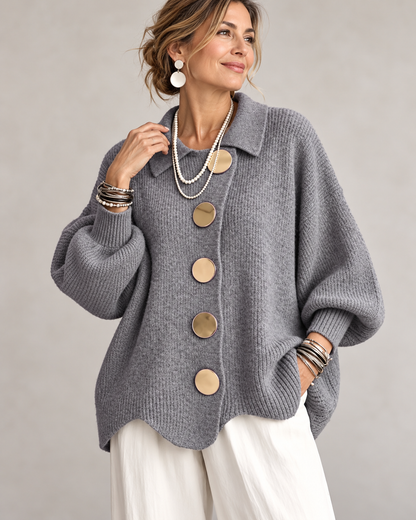Fleur Oversized Gebreid Damesvest met Kraag en Knopen