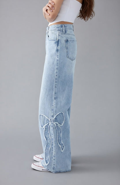 Lunara Dames Strikdetail Jeans – Stijlvolle Denim Broek met Strikken