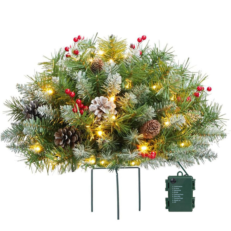 Verlichte Kerst Urnvulling met Dennentakken, Rode Bessen en 35 Ledlampjes