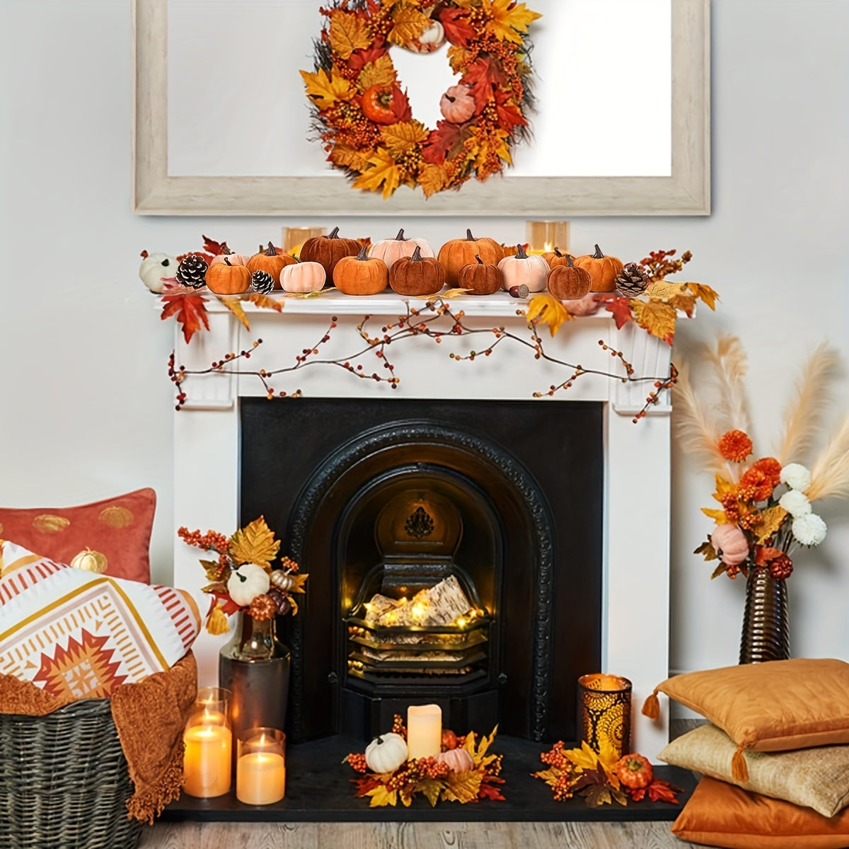 Herfstpompoenen Set 12 Stuks – Velvet Decoratie in Herfstkleuren