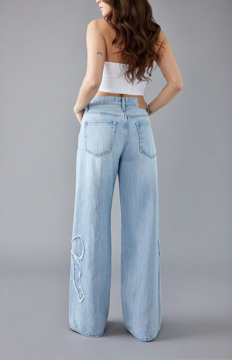Lunara Dames Strikdetail Jeans – Stijlvolle Denim Broek met Strikken