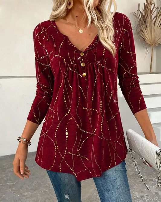 Goudsieraad Damesblouse met V-Hals, Goudprint en Lange Mouwen