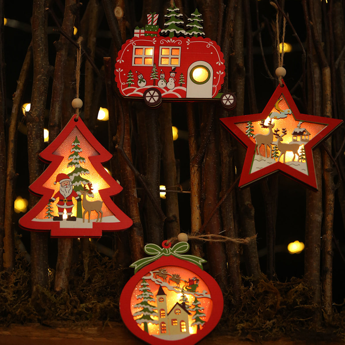 Kersthoutje – Houten Kerstornament Warm Wit met Ophangkoord
