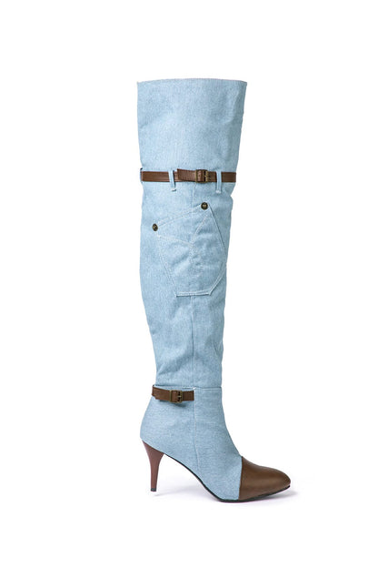 Livia Dames Jeanslaarzen Kniehoog met Hak – Blauwe Streetstyle