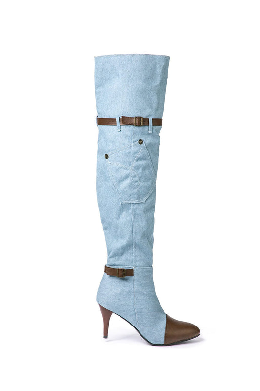 Livia Dames Jeanslaarzen Kniehoog met Hak – Blauwe Streetstyle
