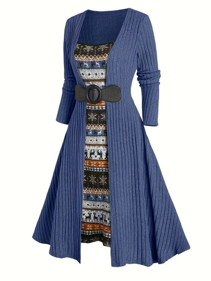 Geribbelde cardigan en jurkset met winterpatroon, lange model, riem