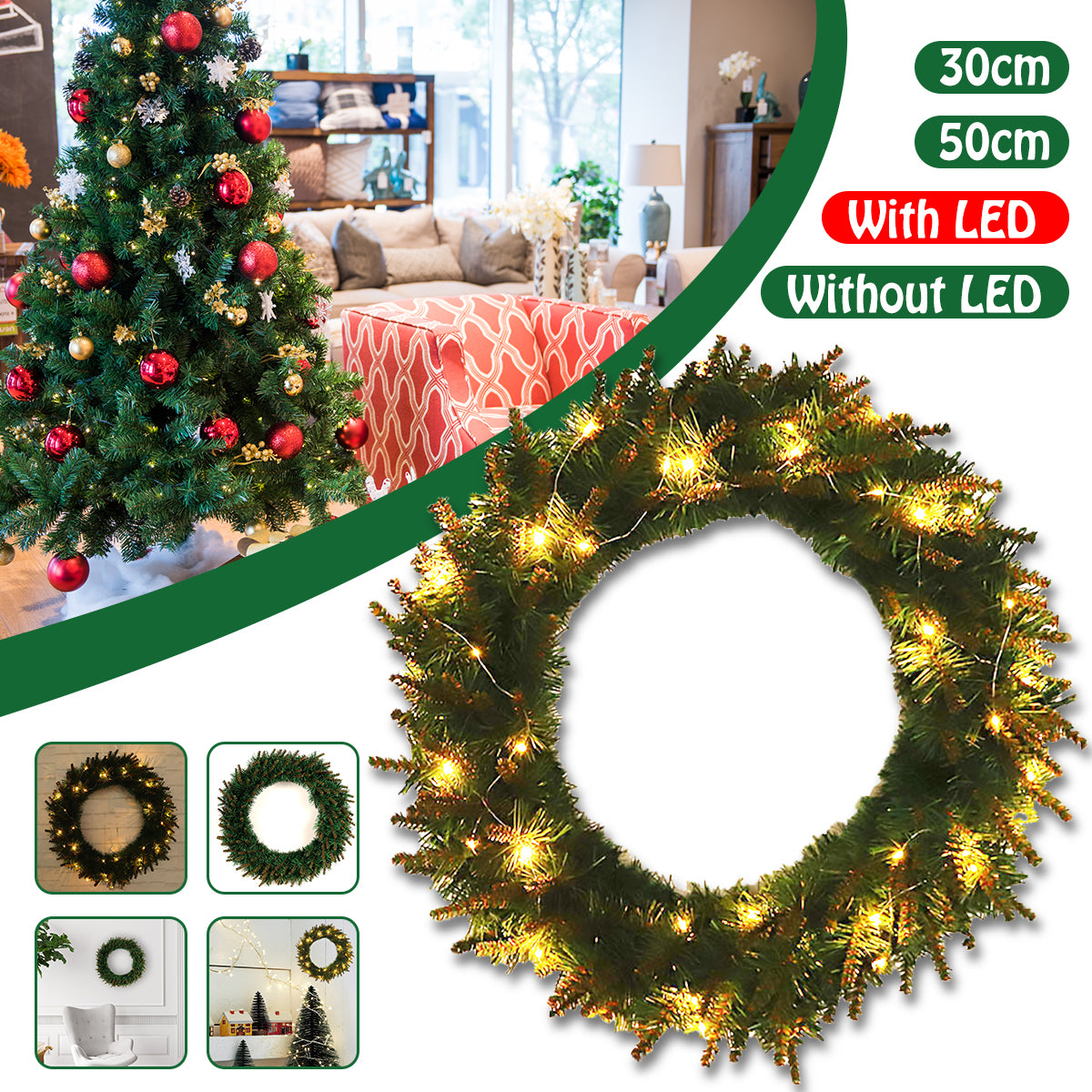 Kerstkrans met LED – Groene Deur- en Wanddecoratie voor Kerst