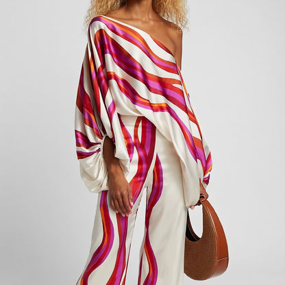 Satijnglans Off-Shoulder Set Dames Elegant Patroon Tweedelig
