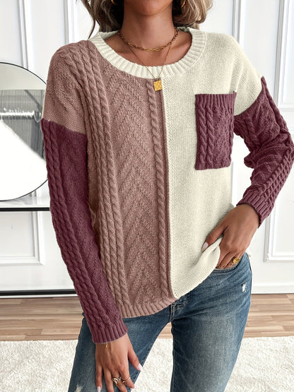 Damestrui Multicolor met Ronde Hals, Kabelpatroon en Borstzak