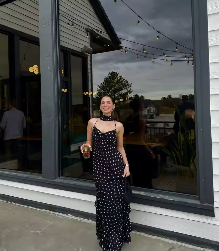 Lieke Maxi Jurk Dames – Zwarte Jurk met Witte Polkadots