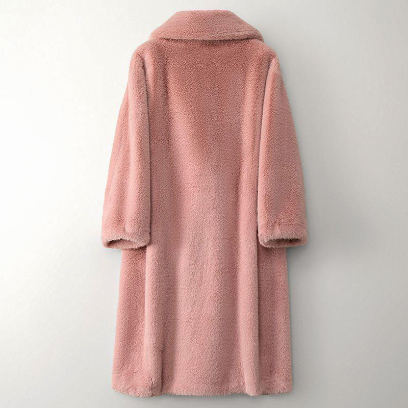 Dames Lange Teddy Cape met Brede Revers en Dubbelknopen