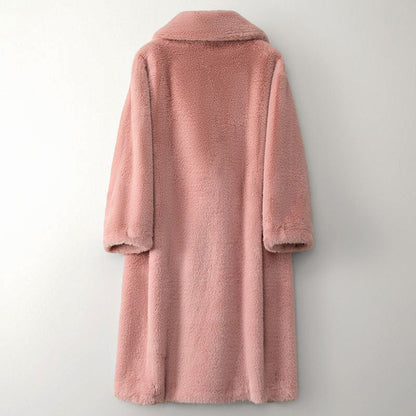 Dames Lange Teddy Cape met Brede Revers en Dubbelknopen