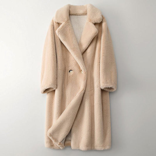 Dames Lange Teddy Cape met Brede Revers en Dubbelknopen