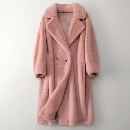 Dames Lange Teddy Cape met Brede Revers en Dubbelknopen