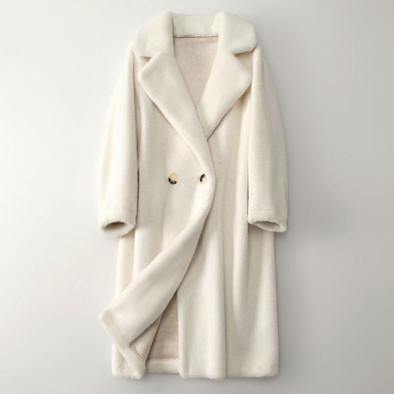 Dames Lange Teddy Cape met Brede Revers en Dubbelknopen