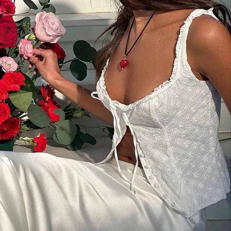 Luna Dames Tanktop met Kant Jacquard en Veterdetail