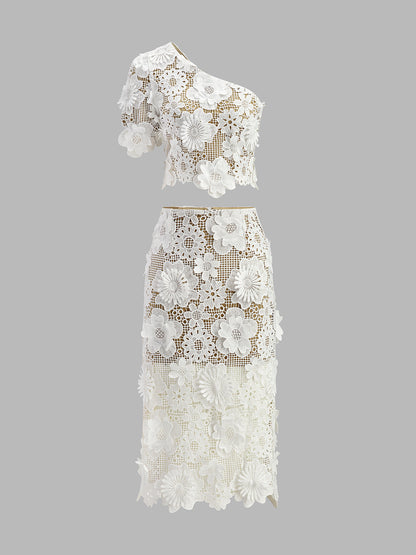 Elara Kanten Rokset Dames met One Shoulder Top en Midi Rok