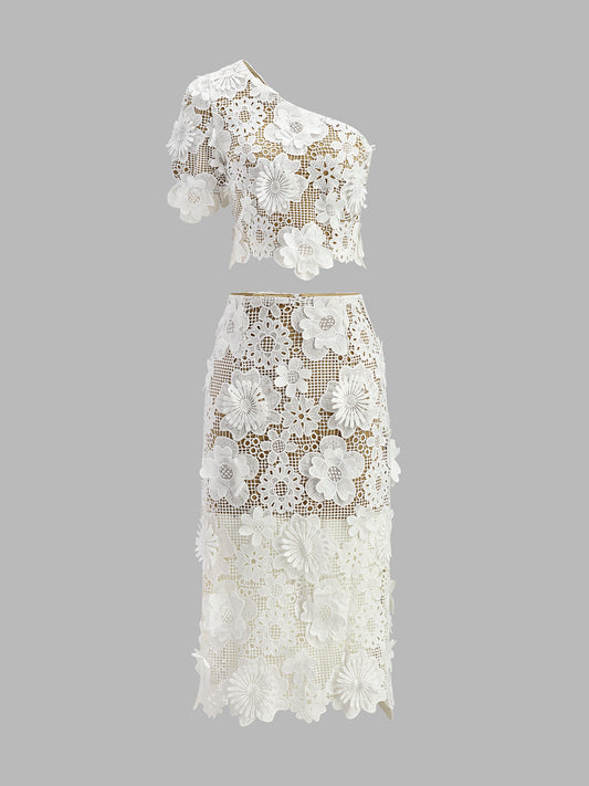 Elara Kanten Rokset Dames met One Shoulder Top en Midi Rok