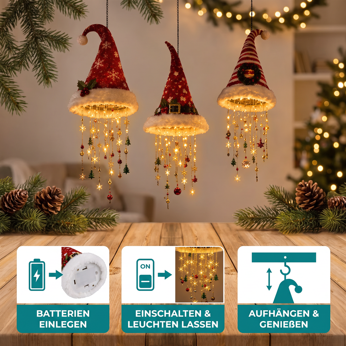 Kerstlichtpret – Kerstmuts met LED-lampjes voor Feesten en Foto’s