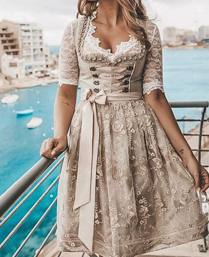 AlpenBloem Dames Dirndl Jurk met Kanten Blouse en Schort