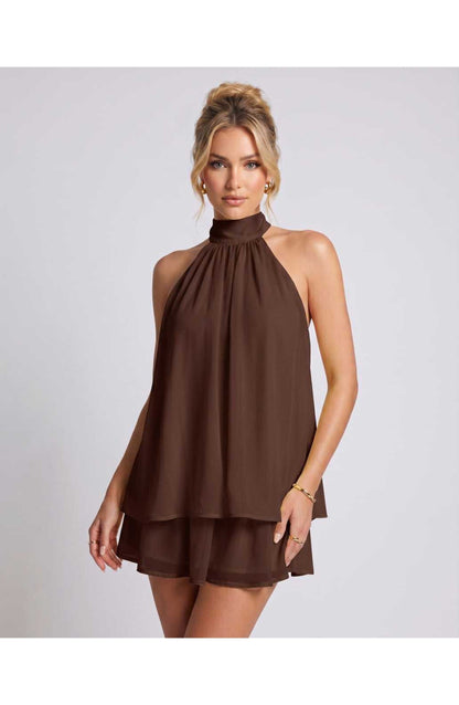 Zomerse Lunara Halterneck Mini Jurk met Gelaagde Rok Elegant Look