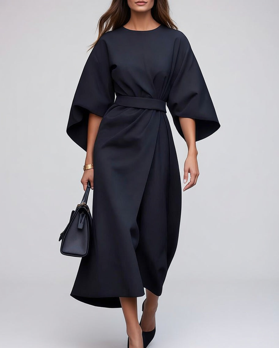 Lunareva Midi Jurk met Ceintuur en Driekwart Mouwen Elegant