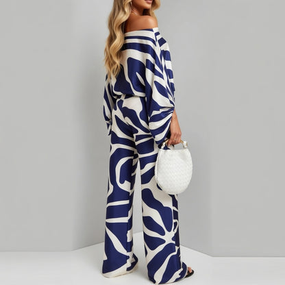 Satijnglans Off-Shoulder Set Dames Elegant Patroon Tweedelig