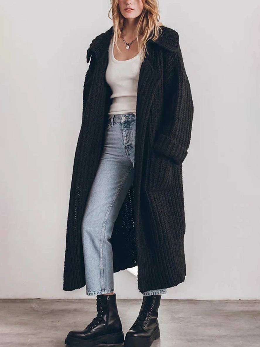 Mare Dames Cardigan – Lange Oversized Gebreide Vestjas met Kraag