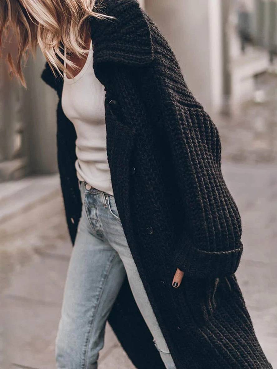 Mare Dames Cardigan – Lange Oversized Gebreide Vestjas met Kraag