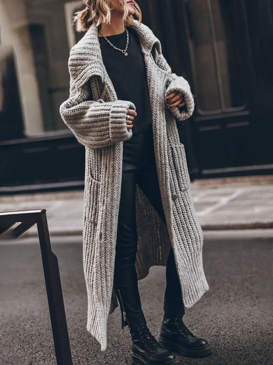 Mare Dames Cardigan – Lange Oversized Gebreide Vestjas met Kraag