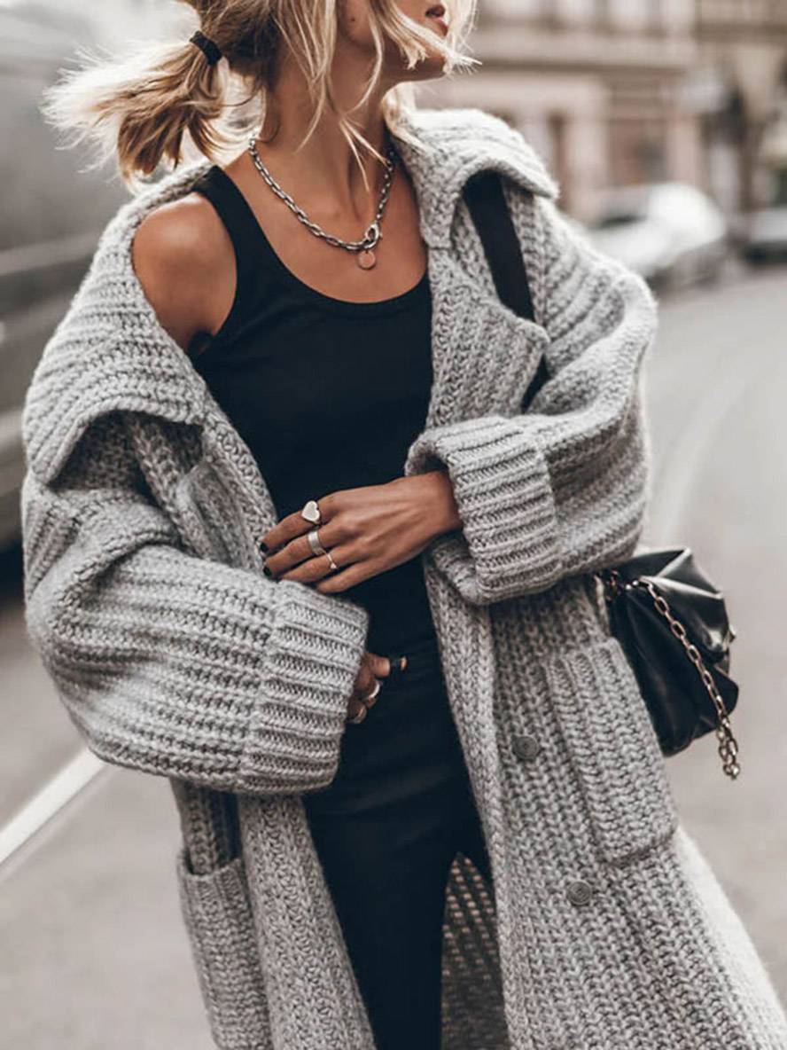 Mare Dames Cardigan – Lange Oversized Gebreide Vestjas met Kraag