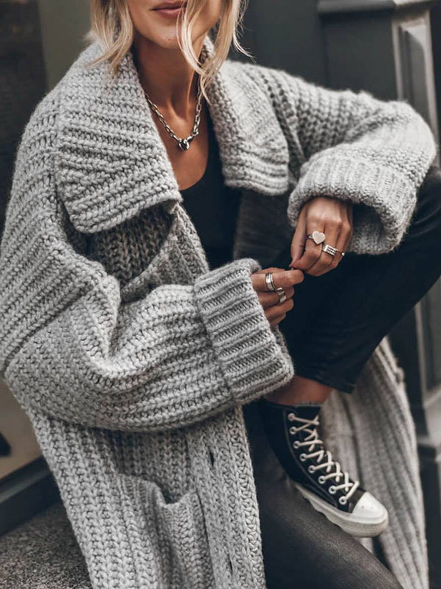 Mare Dames Cardigan – Lange Oversized Gebreide Vestjas met Kraag