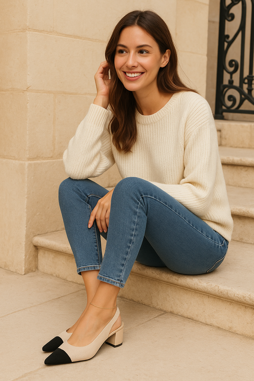 Veloura Slingback Hakken Dames met Geribde Structuur en Lage Hak