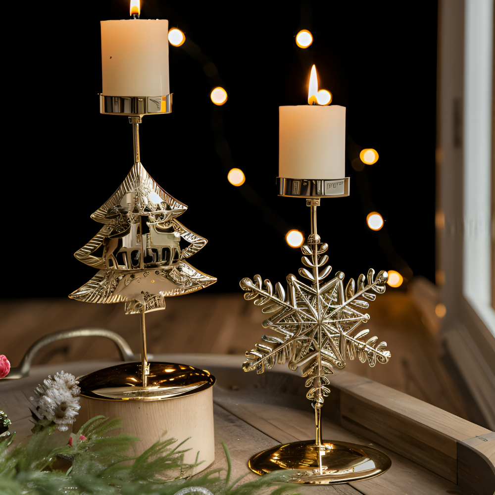 KerstGloed Gouden Kaarsenhouder met Kerstmotief – 17 cm