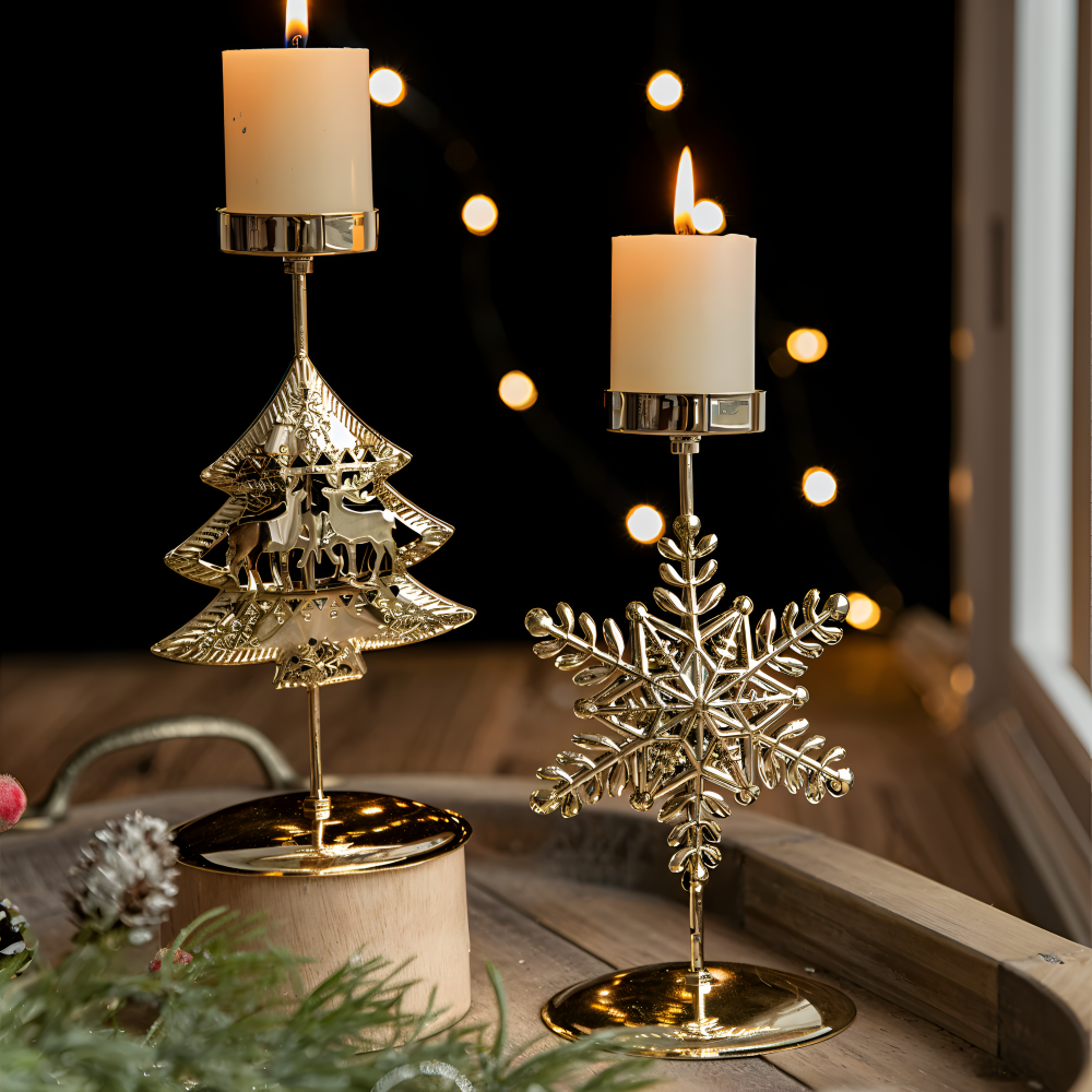 KerstGloed Gouden Kaarsenhouder met Kerstmotief – 17 cm