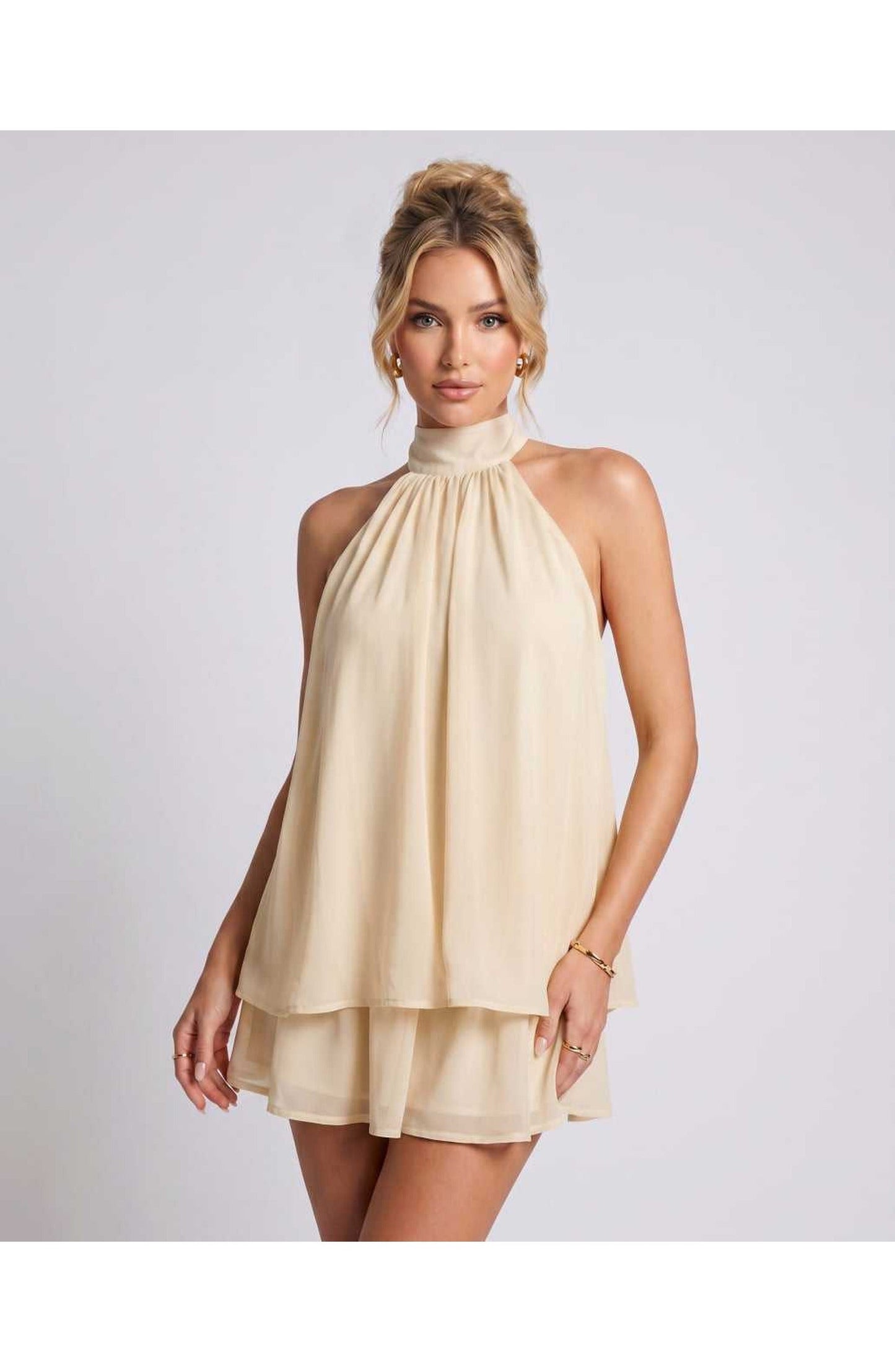 Zomerse Lunara Halterneck Mini Jurk met Gelaagde Rok Elegant Look