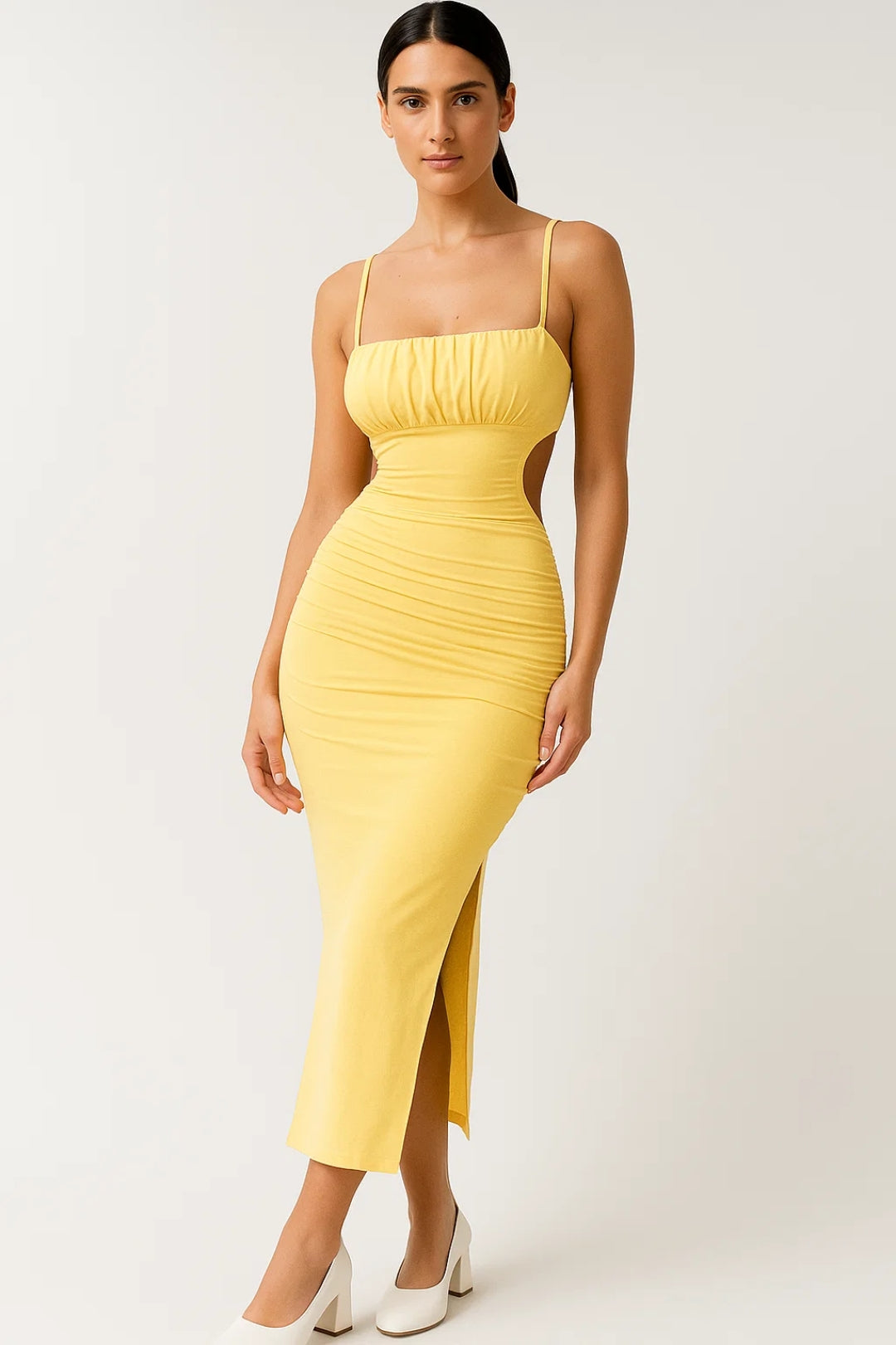 Soléa Gele Bodycon Midi Jurk met Geplooide Details voor Dames