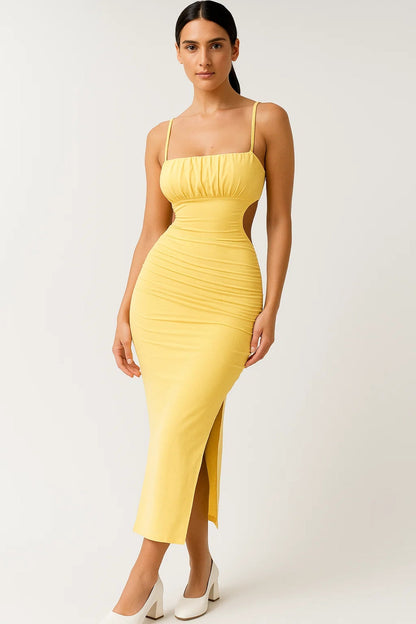 Soléa Gele Bodycon Midi Jurk met Geplooide Details voor Dames
