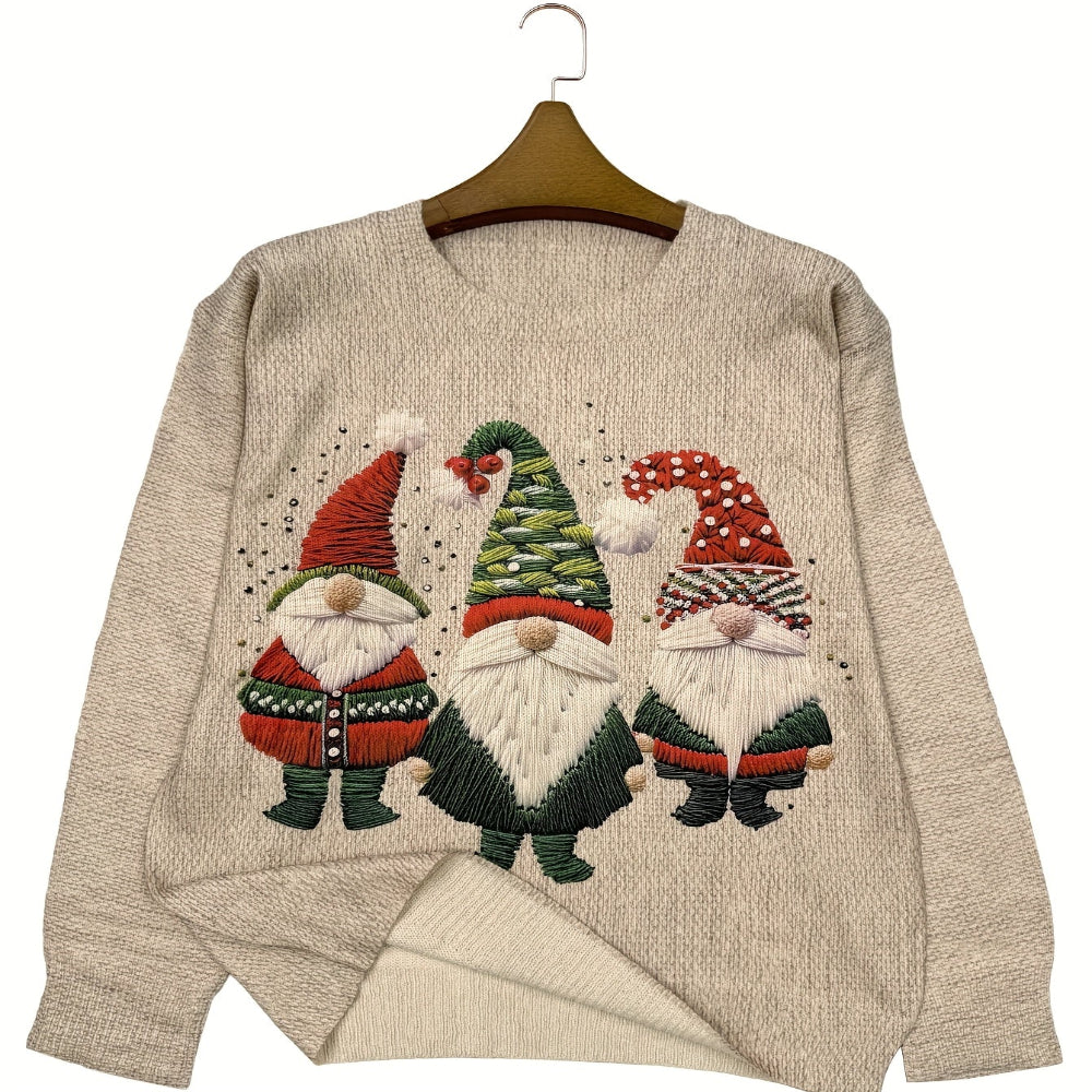Kersttrui Dames met Geborduurde Kabouters – Ruim Gebreid Model