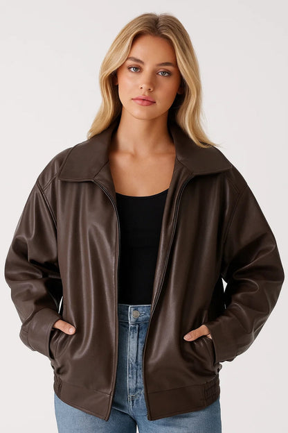 Dames Oversized Bikerjas Stoere Look – Ritssluiting en Kraag