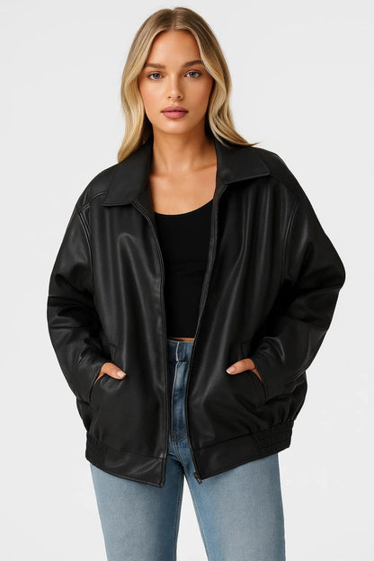 Dames Oversized Bikerjas Stoere Look – Ritssluiting en Kraag
